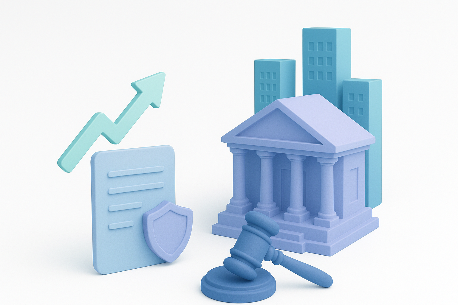 Ilustración 3D en tonos fríos con fondo blanco que representa la normativa de responsabilidad civil en actividades e inmuebles en México. Muestra un martillo de juez, un edificio institucional, documentos con un escudo y construcciones modernas, simbolizando la ley, la protección y la seguridad jurídica.