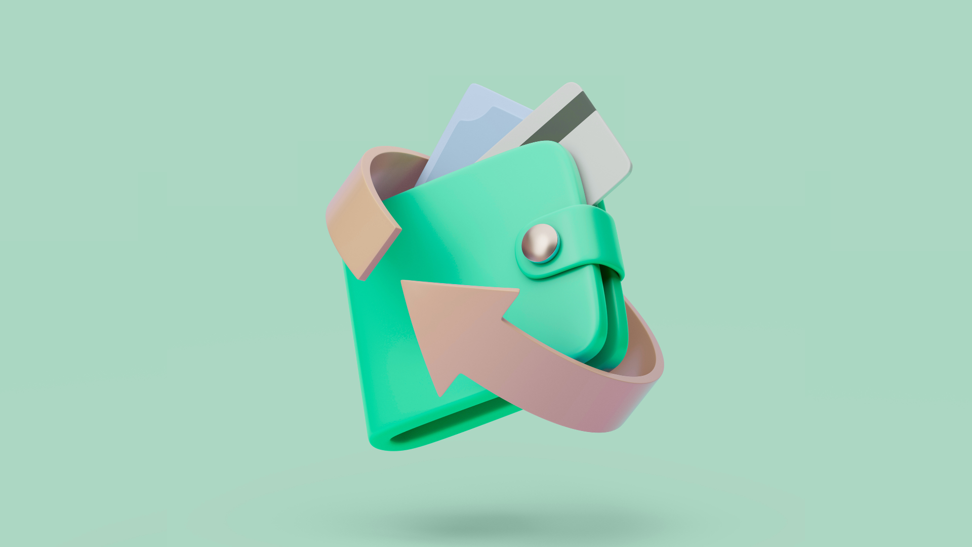 Ilustración 3D de una billetera verde con tarjetas y billetes, rodeada por una flecha que simboliza el impacto financiero y el movimiento de dinero.