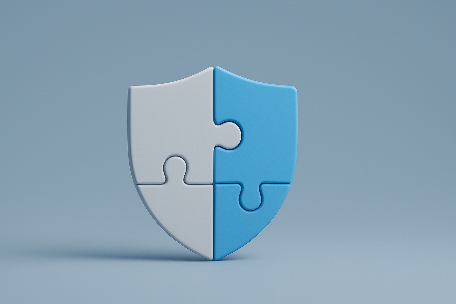 Ilustración 3D minimalista de un escudo formado por dos piezas de rompecabezas en colores azul y gris, simbolizando la unión y complementariedad de seguros de responsabilidad civil.