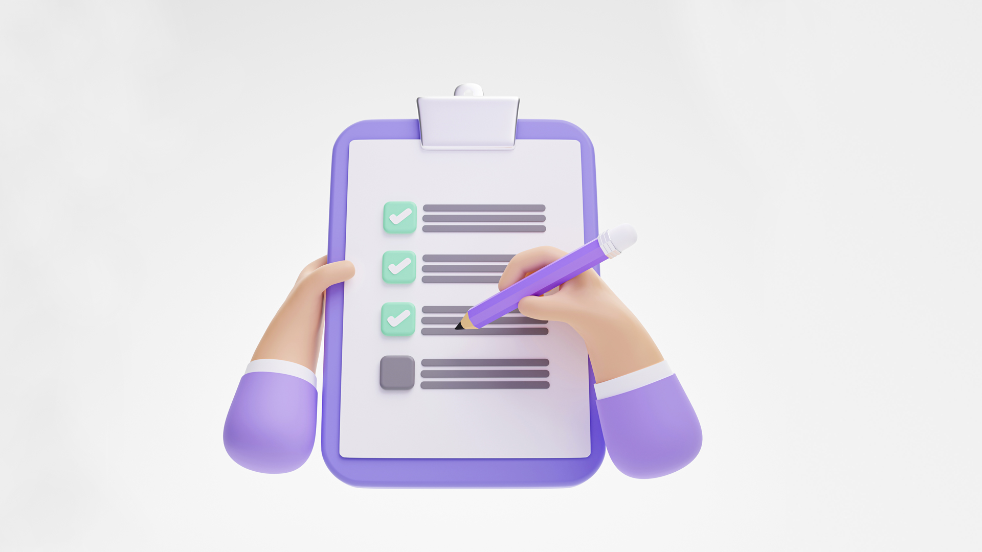 Ilustración 3D de un portapapeles de color morado sostenido por dos manos con mangas igualmente moradas. El portapapeles muestra una hoja con una lista de cuatro elementos, de los cuales tres tienen casillas de verificación verdes marcadas y uno está pendiente. La mano derecha sostiene un lápiz morado y escribe en la hoja, sobre un fondo blanco sin detalles.