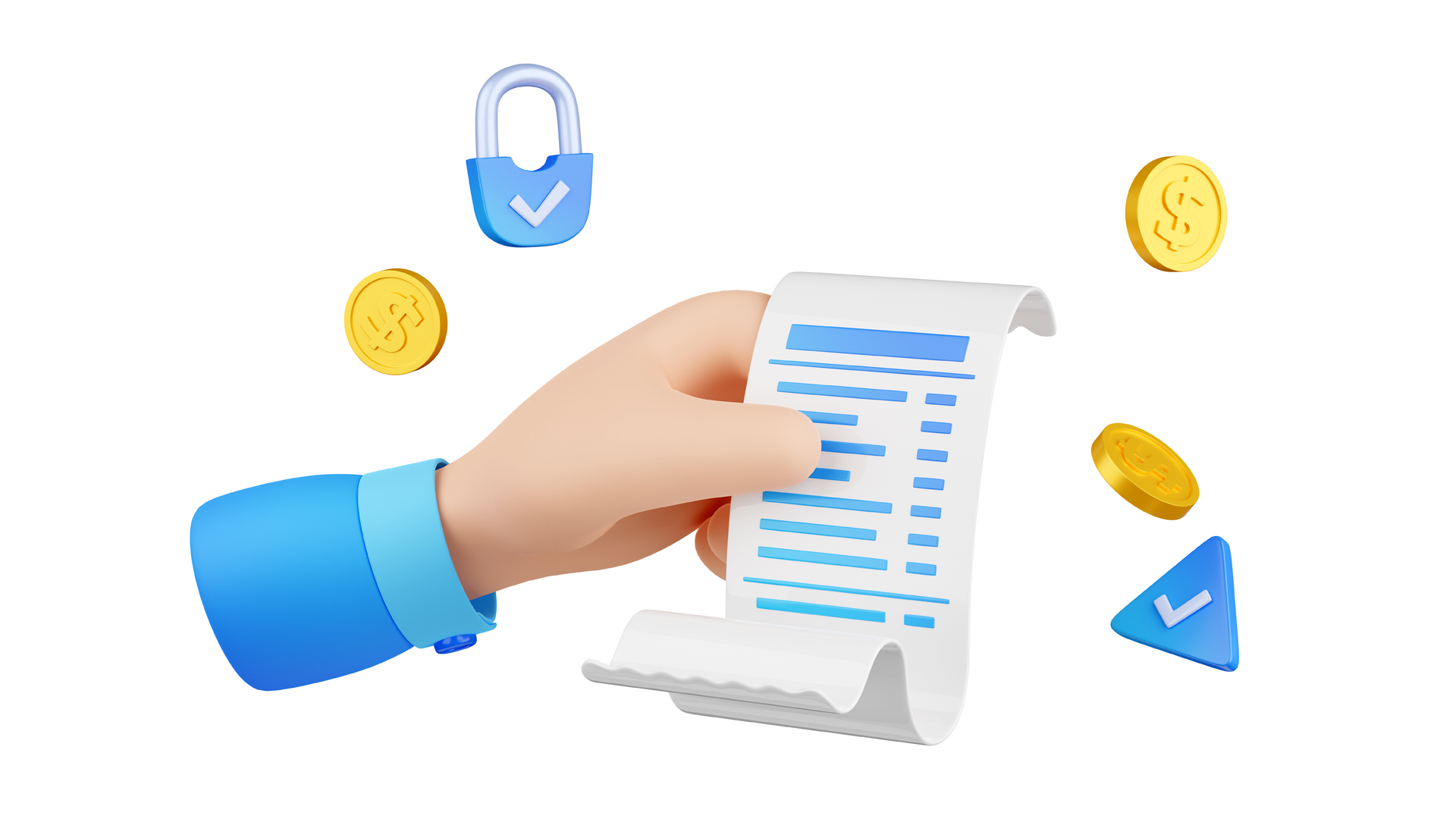 Mano con manga azul sosteniendo un recibo o documento con texto y números en color azul, rodeada de monedas doradas y símbolos de seguridad en azul (un candado con check y un triángulo con check), sobre fondo blanco
