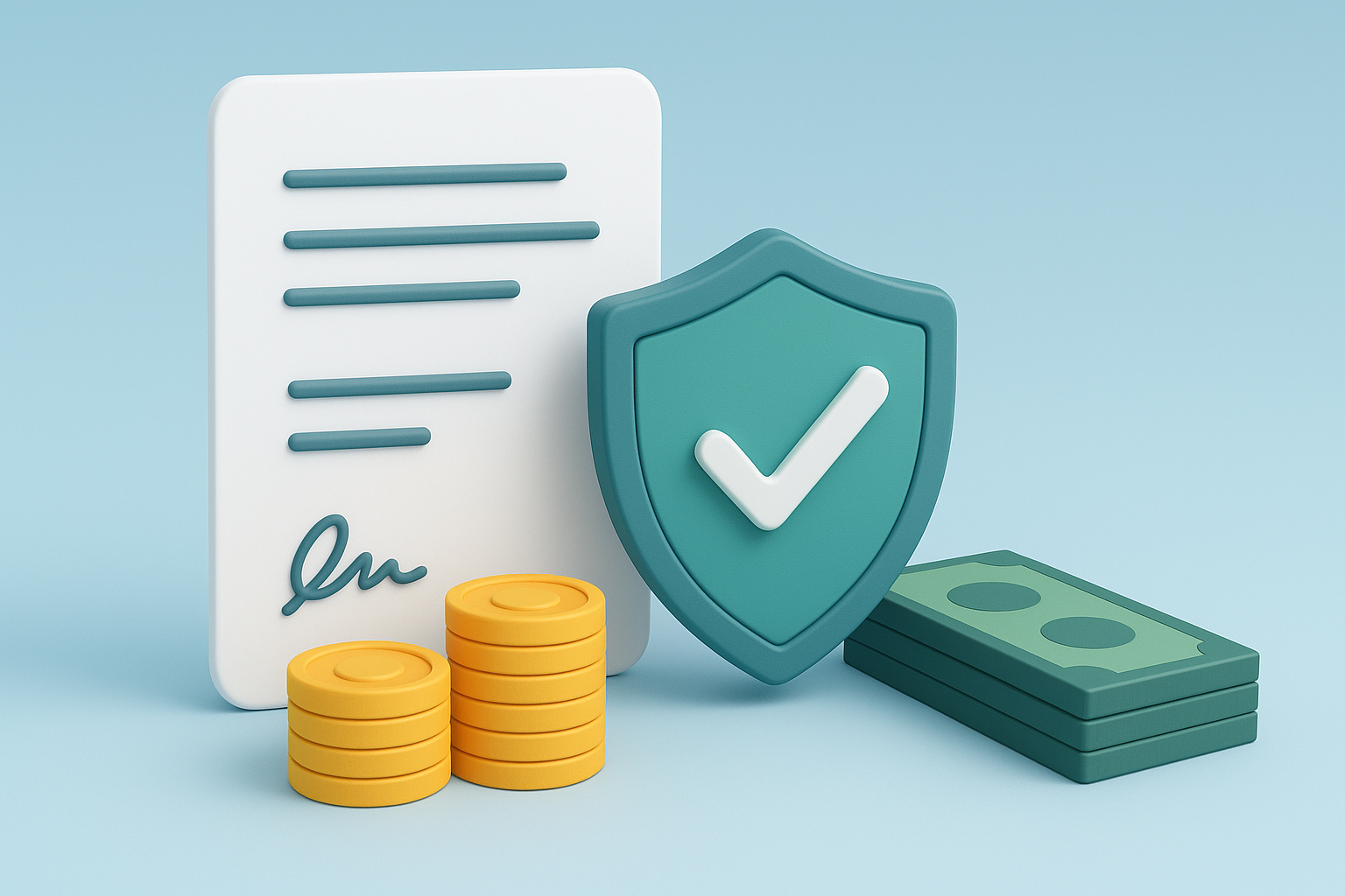 Ilustración 3D de una garantía financiera. Se muestra un contrato blanco con firma, un escudo turquesa con un check de verificación, monedas doradas apiladas y billetes verdes oscuros sobre un fondo azul claro, simbolizando seguridad y respaldo económico.